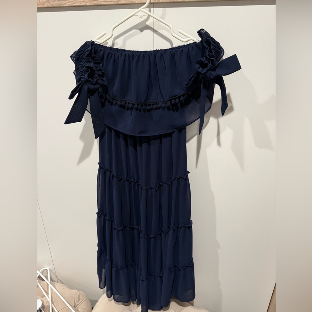 Misa Los Angeles Navy Blue Off-Shoulder Midi Sundress